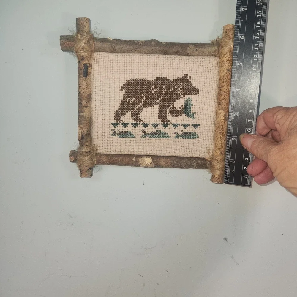Rustic Bear Cross Stitch Wall Art | Woodland Cabin Cottagecore Handmade Decor